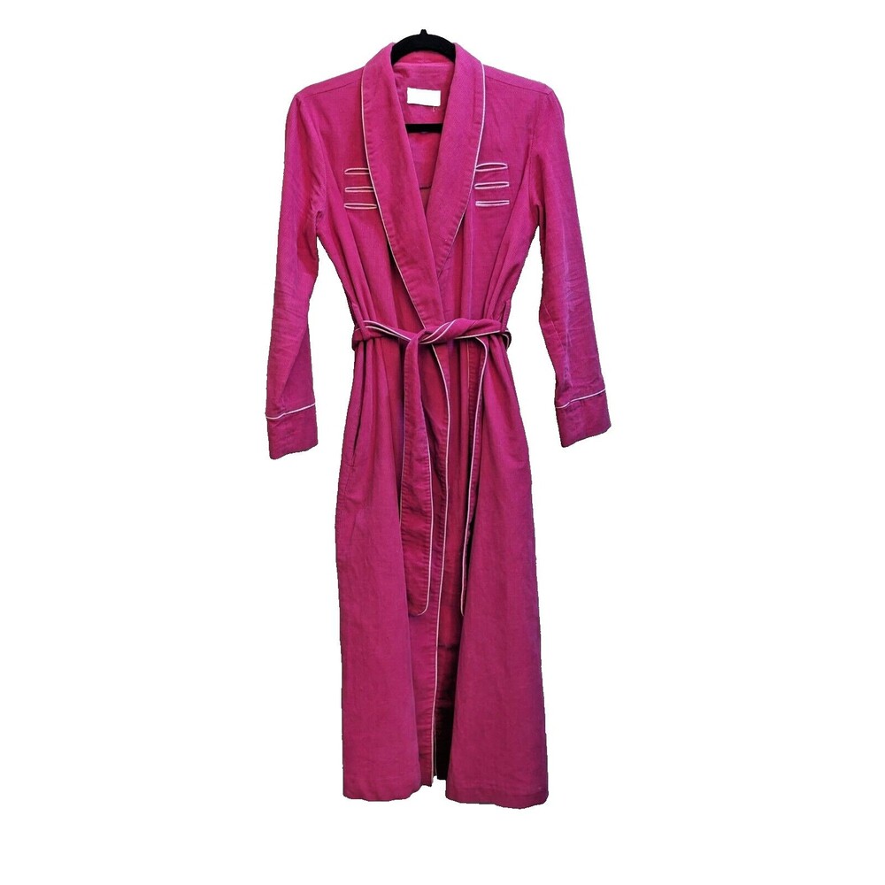 Vintage‎ Mid-Century Evelyn Pearson Pink Magenta Corduroy Bath Robe White Piping